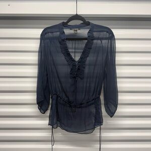 Lucky Brand 100% Silk Sheer Ruffle Peasant Blouse Blue Size S